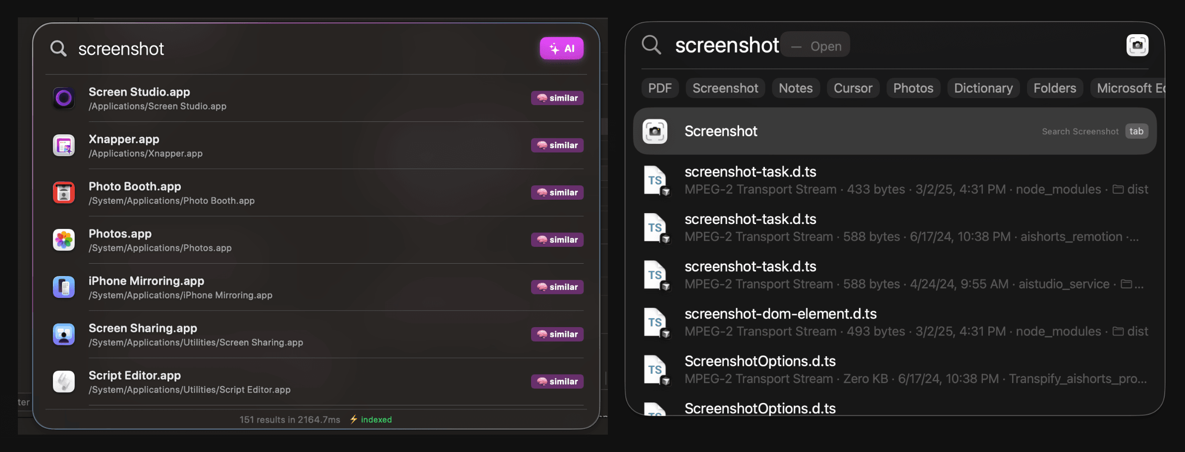 BetterSearch finds apps like Screen Studio and Xnapper when searching 'screenshot', while Spotlight returns .d.ts files
